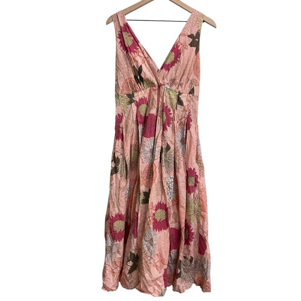 A.N.A. Botanical Print Cotton Dress Lined V-Neck Size 16